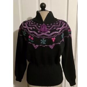 New Vintage 80s Obermeyer wool blend Fair Isle Folk Sweater Floral embroidered L